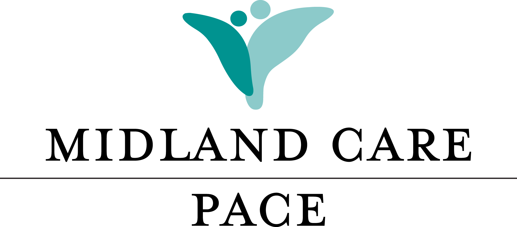 Teal and black logo of a butterfly figure and the words Midland Care Pace.